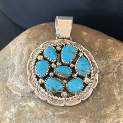 Navajo Blue Turquoise and Multi-Stone Round Cluster Pendant | Authentic Native American Sterling Silver | 2" | 02096