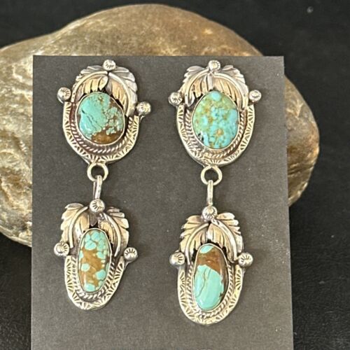 Navajo Blue #8 Turquoise Dangle Earrings | Sterling Silver | Authentic Native American Handmade | 14339 - Masha USA