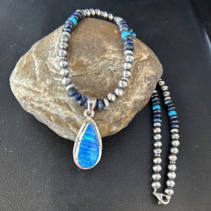 Blue Turquoise Lapis Necklace with Opal Pendant | Navajo Sterling Silver | Authentic Native American Handmade | 14367
