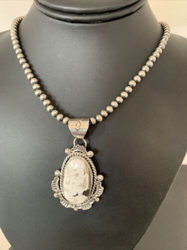 Navajo White Turquoise Buffalo Pendant Necklace | Sterling Silver | Authentic Native American Handmade | 1369