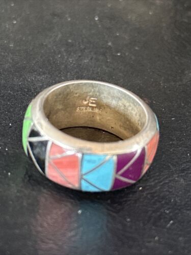 Multi-Color Blue Turquoise Gaspeite Inlay Ring | Sterling Silver | Sz 10 | Native American Handmade | 14502