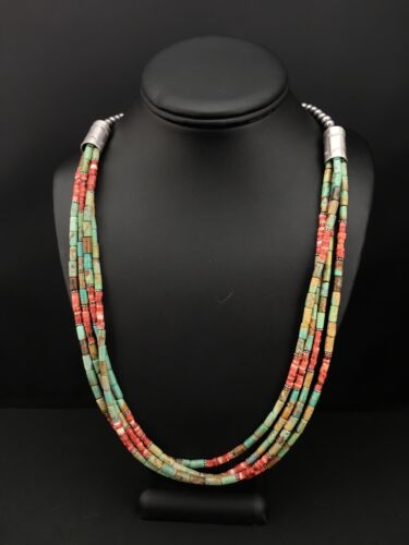 Royston Turquoise & Spiny Oyster Necklace | 4 Strand Navajo Sterling Silver | Authentic Native American Handmade | 4899