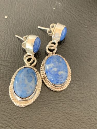 Navajo Denim Lapis Dangle Earrings | Sterling Silver | 1.1" | Authentic Native American Handmade | 1700