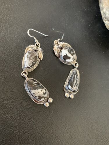 White Buffalo Turquoise Dangle Earrings | Sterling Silver | 2.5" | Authentic Native American Handmade | 12156