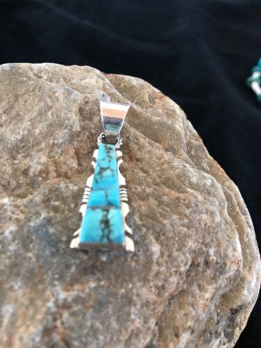 Kingman Turquoise Sterling Silver Pendant | Navajo Inlay Design | Signed | 21" Necklace | 3409