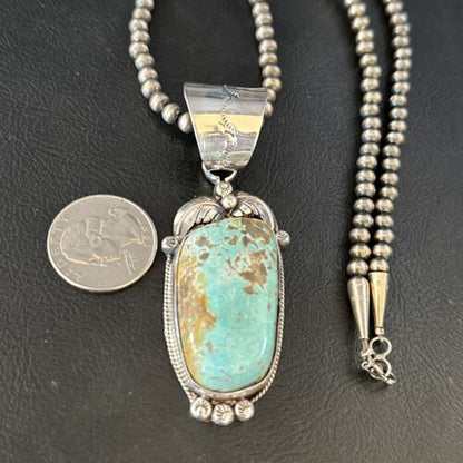 Navajo Pearls Sterling Silver Necklace with Blue Turquoise #8 Pendant | Authentic Native American Handmade | 14809