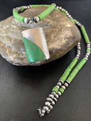 Navajo Green Gaspeite Turquoise Inlay Pendant | Sterling Silver | Authentic Native American Handmade | 12348
