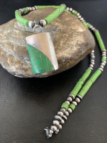 Navajo Green Gaspeite Turquoise Inlay Pendant | Sterling Silver | Authentic Native American Handmade | 12348