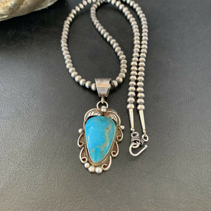 Native American Sterling Silver Blue Kingman Turquoise Necklace Pendant | Women's | 10902