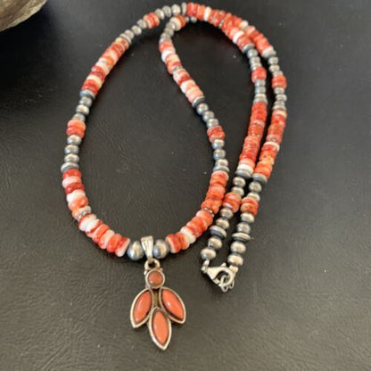 Navajo Pearl Necklace with Red Apple Coral, Spiny Oyster Pendant | Authentic Native American Sterling Silver | Multi-Stone | 12388