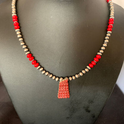 Navajo Red Coral Corn Inlay Necklace Pendant | Sterling Silver | 21" | Authentic Native American Handmade | 12587