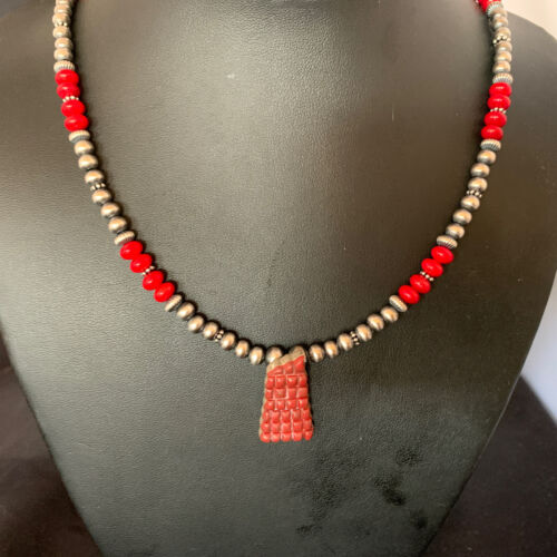 Navajo Red Coral Corn Inlay Necklace Pendant | Sterling Silver | 21" | Authentic Native American Handmade | 12585