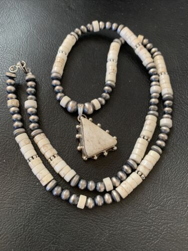 Navajo White Buffalo Turquoise Pendant Set | Sterling Silver | Authentic Native American Handmade | 12202