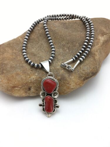 Navajo Red Coral Pendant Necklace | Sterling Silver | Authentic Native American Handmade | 2581