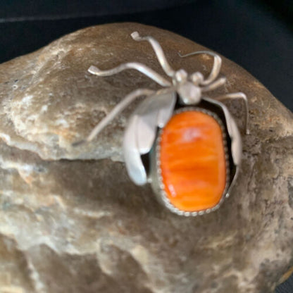 Navajo Spider Pin | Sterling Silver | Orange Spiny Oyster | Authentic Native American Handmade | 13698