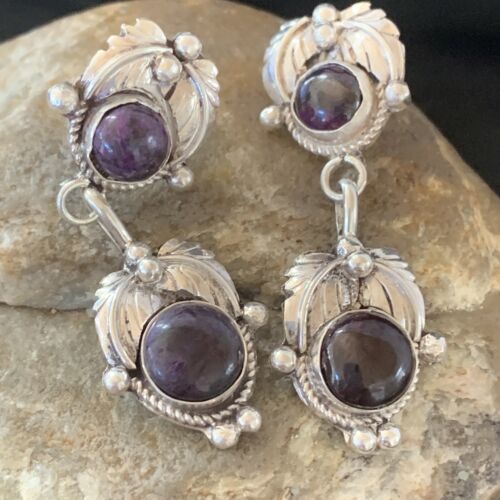 Navajo Purple Sugilite Post Dangle Earrings | Sterling Silver | Authentic Native American Handmade | 1590