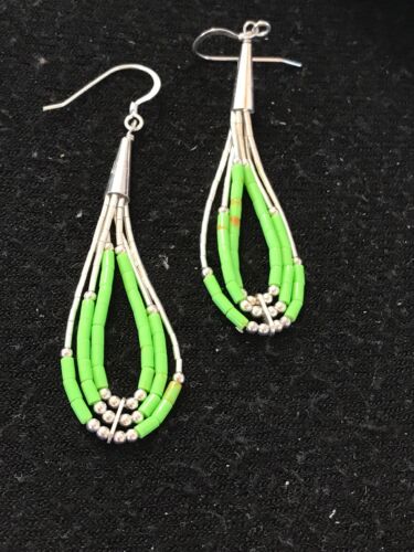Navajo Green Gaspeite Earrings | Sterling Silver Liquid Heishi Dangle | 2.25" | Authentic Native American Handmade | 2021
