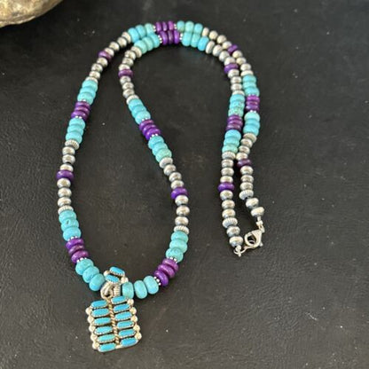Blue Turquoise Sugilite Navajo Sterling Silver Necklace Pendant | Multi-Stone | 14644