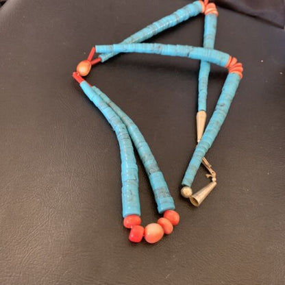 Southwestern Santo Domingo Pink Coral Blue Turquoise Jacla Necklace | 20" | Authentic Native American Handmade | 12515