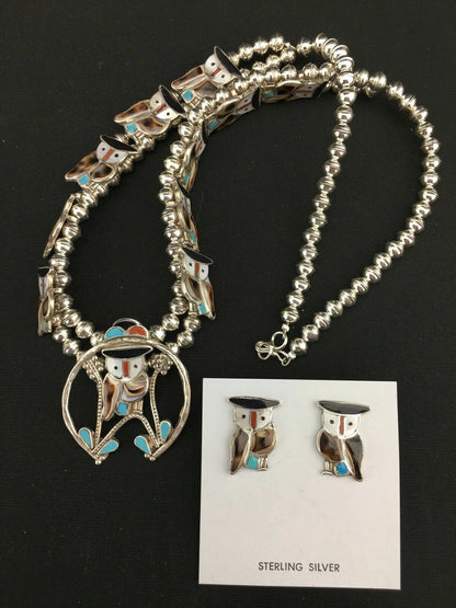Zuni Owl Inlay Turquoise Squash Blossom Necklace Set | Sterling Silver | Native American Handmade | 1310