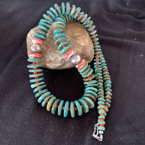 Navajo Necklace | Green Turquoise & Spiny Oyster | Sterling Silver | Authentic Native American | 28" Graduated | 1088