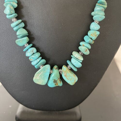 Navajo Blue Turquoise Nugget Beads Necklace | Sterling Silver | Authentic Native American Handmade | 22" | 01345