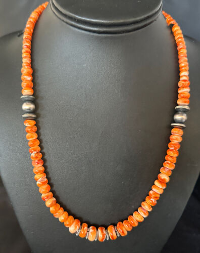 Navajo Orange Spiny Oyster Necklace | Sterling Silver Pearls | 20" | Authentic Native American Handmade | 14645