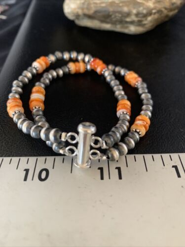 Navajo Pearls Sterling Silver Orange Spiny Oyster Bead Bracelet | 7.5" | Authentic Native American Handmade | 13801