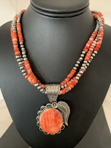 Navajo Red Spiny Oyster Pendant Necklace | 3 Strand Sterling Silver | Native American Handmade | 1327