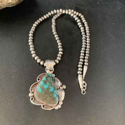 Navajo Spiderweb Turquoise Pendant Necklace | Sterling Silver | 2.25" | Authentic Native American Handmade | 14060