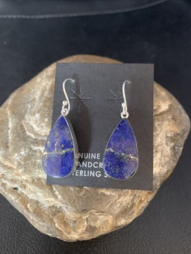 Navajo Blue Lapis Lazuli Dangle Drop Earrings | Sterling Silver | 1" | Authentic Native American Handmade | 14089