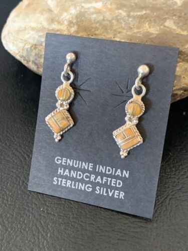 Minimalist Dangle Inlay Navajo Sterling Silver Orange Spiny Oyster Earrings | Handmade | 12679
