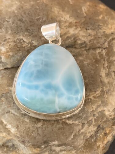Navajo Sterling Silver Beads Necklace | Blue Larimar Pendant | Authentic Native American Handmade | 10831