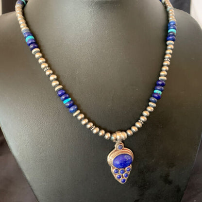 Men's Navajo Pearl Blue Lapis Turquoise Necklace | Sterling Silver | 21" | 12612 | Multi-Stone
