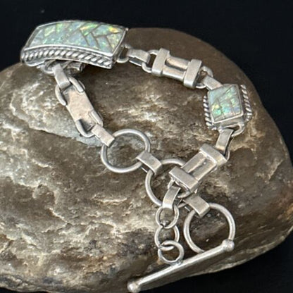 Navajo White Opal Inlay Link Bracelet | Sterling Silver | 8" | Authentic Native American Handmade | 14259