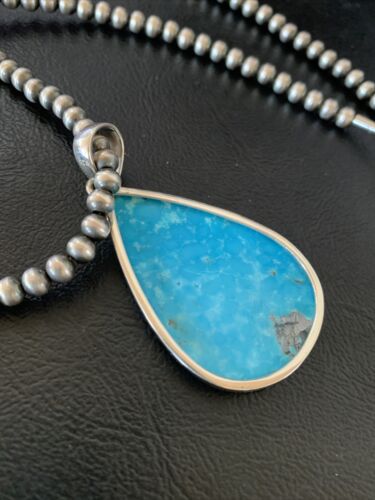 Navajo Pearls Blue Kingman Turquoise Necklace Pendant | Sterling Silver | Authentic Native American Handmade | 11810
