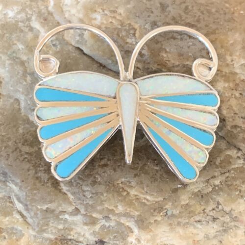 Zuni Blue Turquoise White Opal Butterfly Necklace Pin Pendant | Sterling Silver | 11972