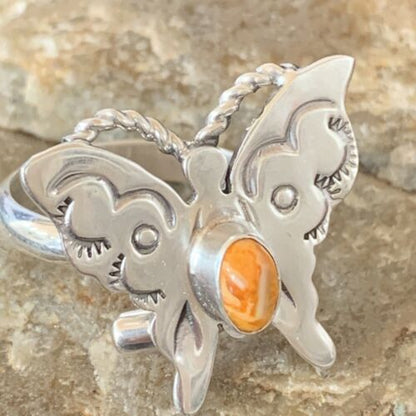 Navajo Orange Spiny Oyster Butterfly Ring | Sterling Silver | Sz Adj 8 | Authentic Native American Handmade | 10350