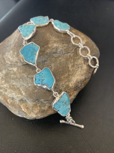 Navajo Blue Kingman Turquoise Rough Link Bracelet | Sterling Silver | 8" | 11652