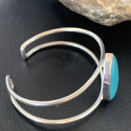 Minimalist Women's Blue Kingman Turquoise Cuff Wire Bracelet | Sterling Silver | 12867