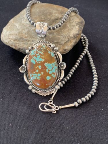Men's Navajo Pearls Necklace Pendant | Sterling Silver | Blue Turquoise #8 | Authentic Native American Handmade | 00527