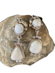 Navajo White Buffalo Turquoise Dangle Earrings | Sterling Silver | 2.50" | Authentic Native American Handmade | 1662