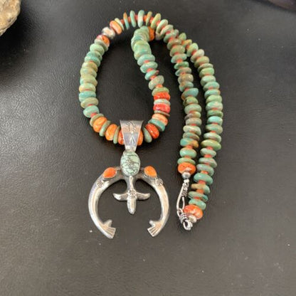 Navajo Pearl Sterling Silver Necklace with Royston Turquoise & Spiny Oyster Naja Pendant | 11579