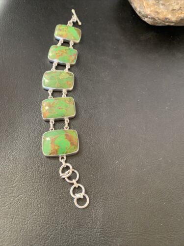 Navajo Green Mojave Turquoise Link Bracelet | Sterling Silver | 8" | Authentic Native American Handmade | 11641