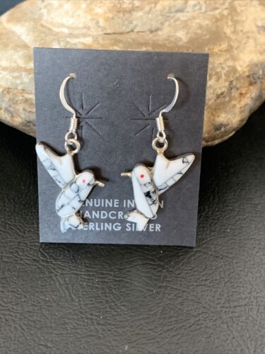 Navajo Sterling White Buffalo Turquoise Hummingbird Dangle Earrings | 1" | Authentic Native American Handmade | 12313