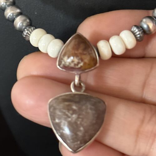 Navajo Pearls Wild Horse Turquoise Necklace Pendant | Sterling Silver | Authentic Native American Handmade | 14374