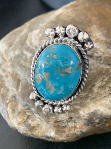 Navajo Blue Kingman Turquoise Ring | Sterling Silver | Sz 7.5 | Authentic Native American Handmade | 13381