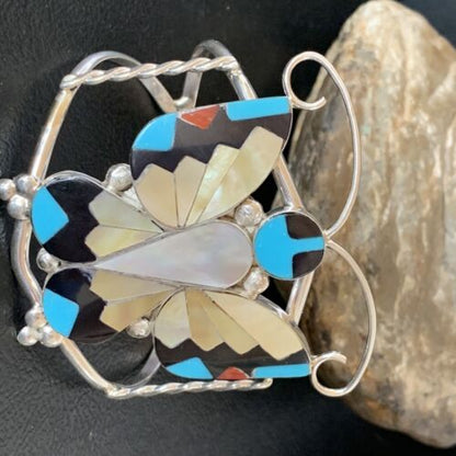Zuni Butterfly Cuff Bracelet | Turquoise, Mother of Pearl, Onyx | Sterling Silver | 12835