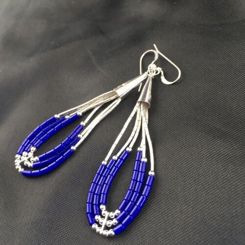 Native American Handmade Sterling Silver Heishi Dangle Earrings | Blue Lapis | 2" | 1965