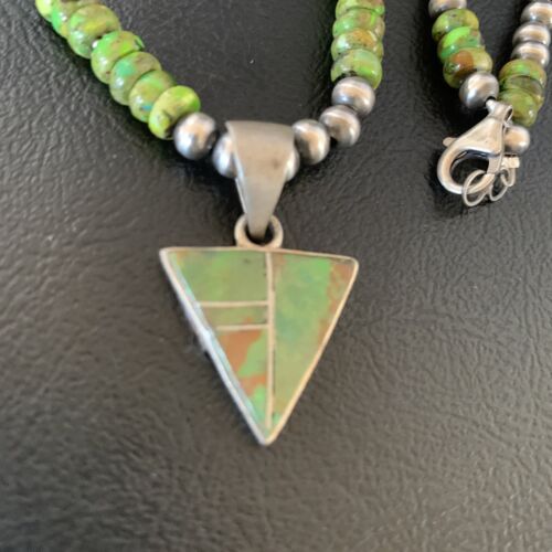 Navajo Green Gaspeite Turquoise Inlay Pendant | Sterling Silver | Authentic Native American Handmade | 13271